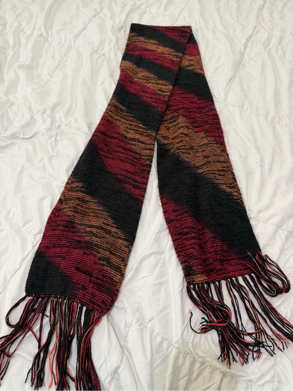 Striped Fringe Knit Scarf in Black, Red & Brown